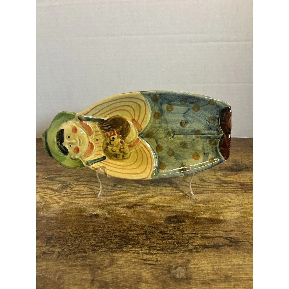 Vintage Italy Hand Painted Ceramic Farmer with Chicken Figural Serving Tray Dish